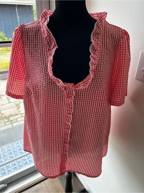 SHEIN Red Gingham Ruffle-Trim Short Sleeve Blouse